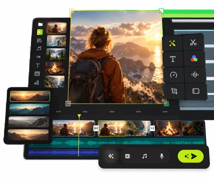 Browserbasierter Videoeditor mit filmischer Vorschau, Bearbeitungszeitleiste und Steuerelementen zur Videoerstellung