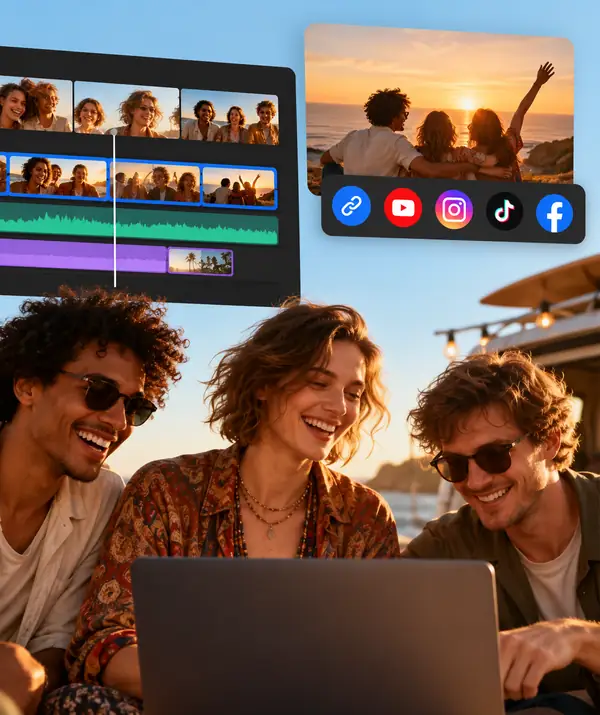 Fertiges Gruppenvideo neben einer browserbasierten Bearbeitungsoberfläche und Steuerelementen zum Teilen