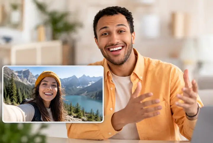 Person spricht in eine Webcam neben der Aufnahmevorschau