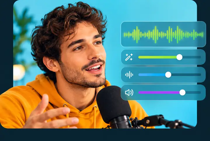 Porträtvideo mit daneben angeordneten Steuerelementen zur Audioverbesserung