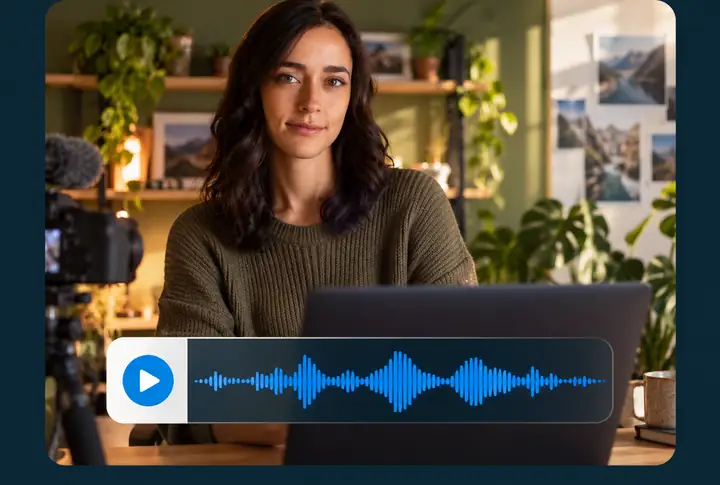 Moderierende Person in einer Videovorschau mit Steuerung für den Sprechertext